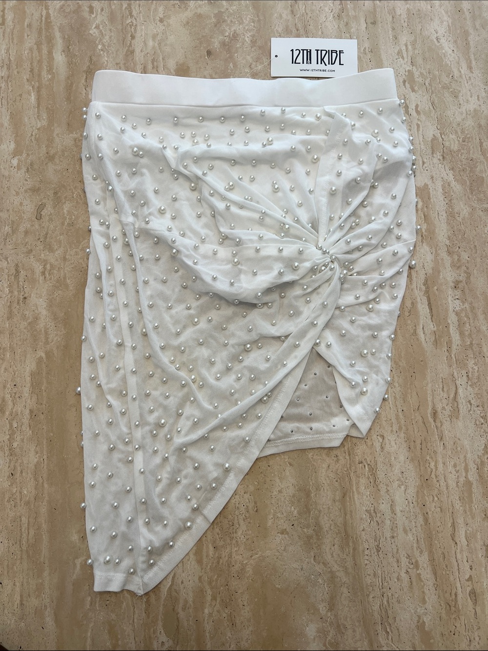 12th Tribe Cream Pearl-Embellished Twist Mini Skirt